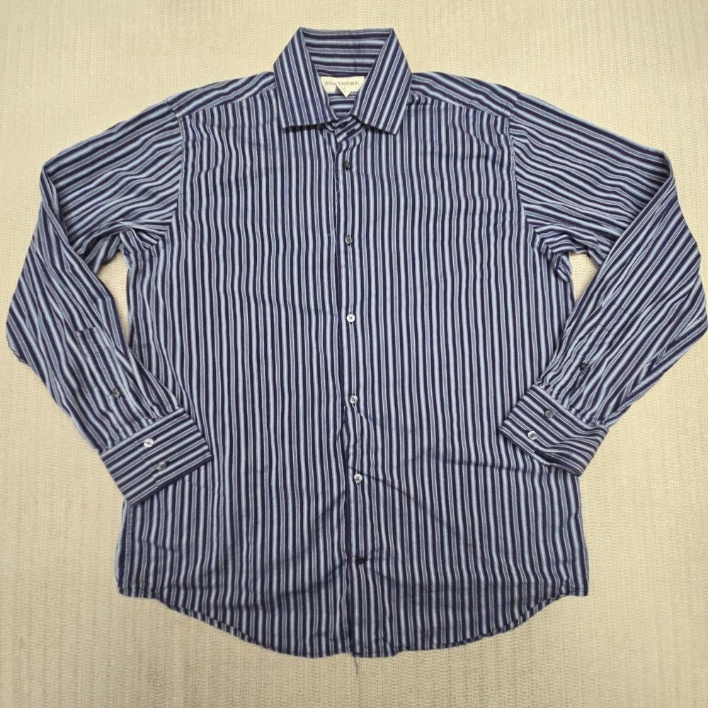Banana Republic Shirt Mens XL Blue Gray Striped Button Up Down Long Sleeve Dress